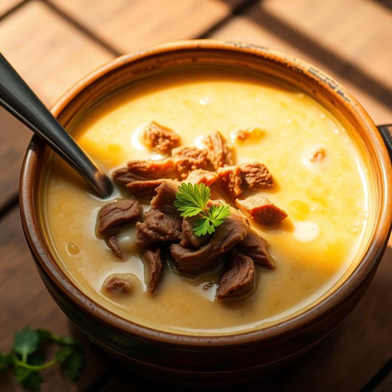 Caldo de Mandioquinha com Carne Desfiada